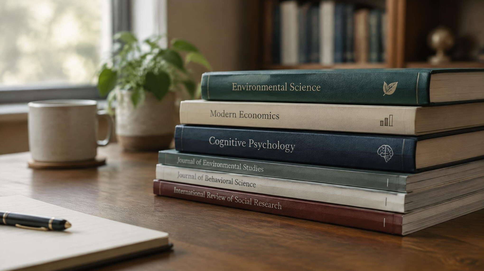 Stack of academic books and research journals on a study table