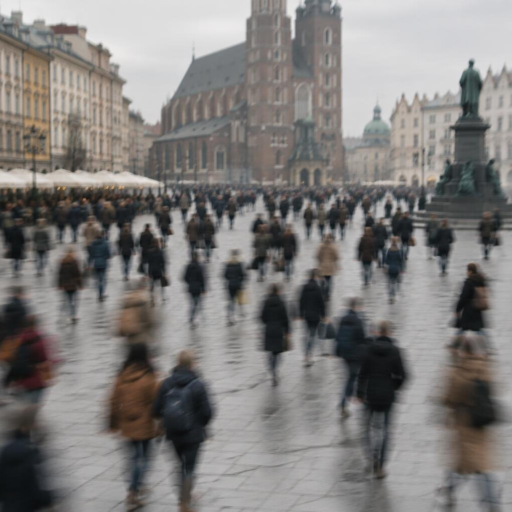 Blurred crowd of anonymous people seen from a distance