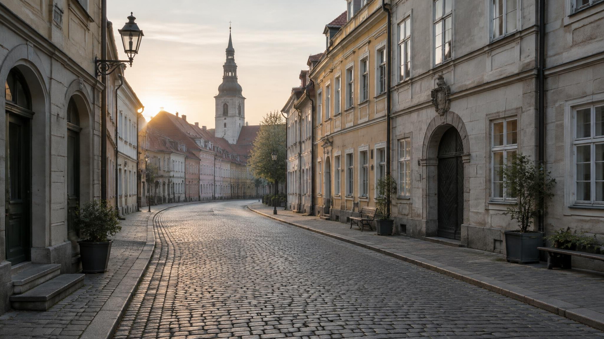 Quiet empty European street in early morning light