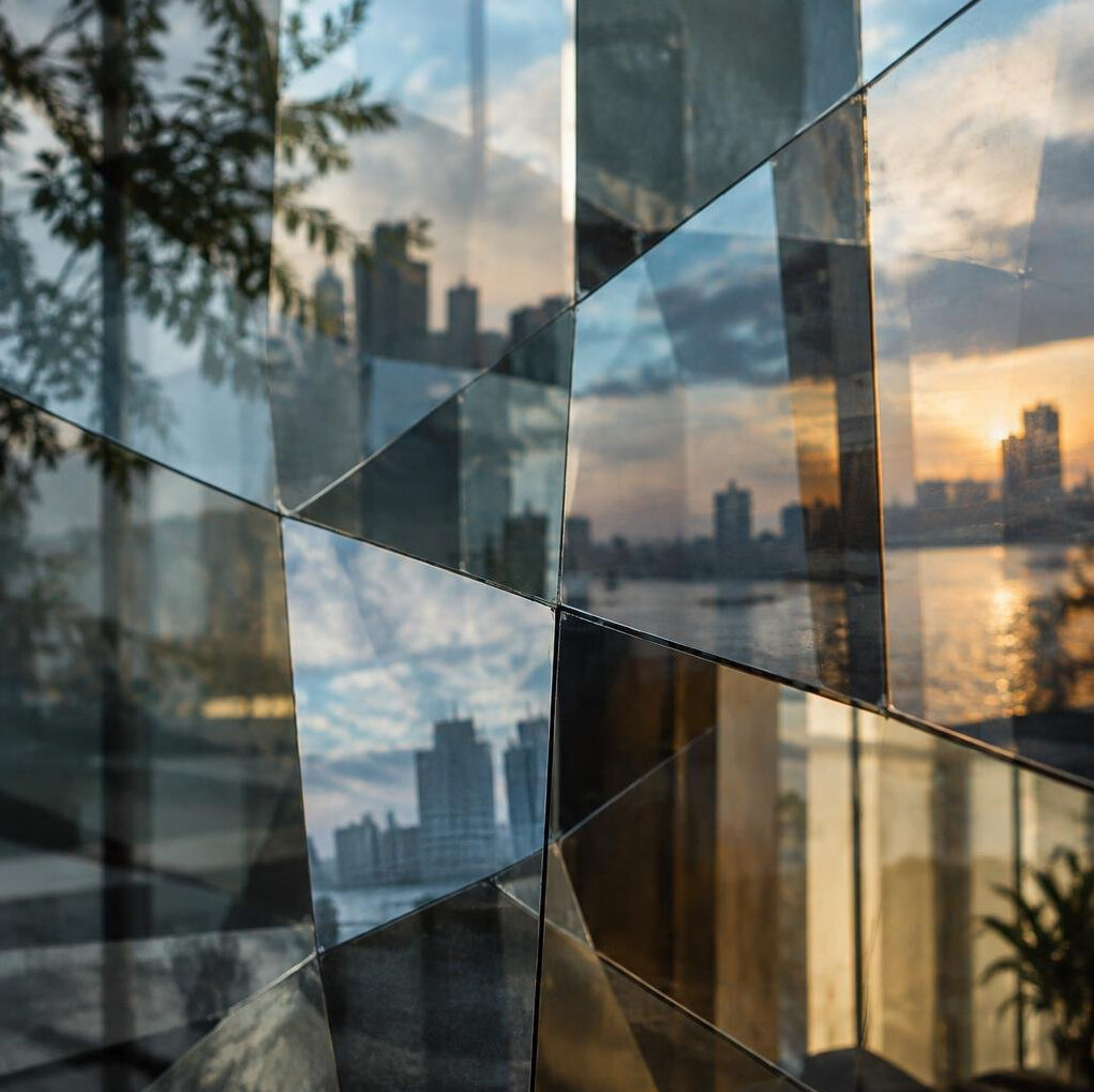 Abstract fragmented reflections in a glass surface