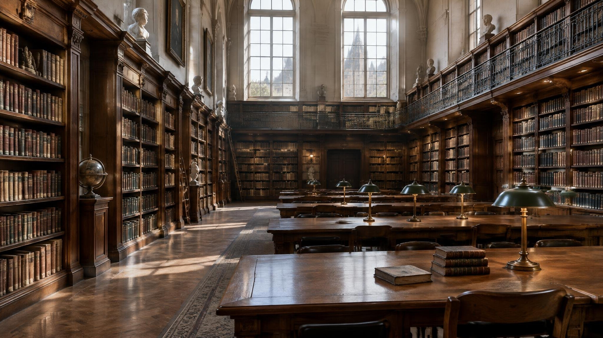 Grand European library reading room with tall wooden bookshelves