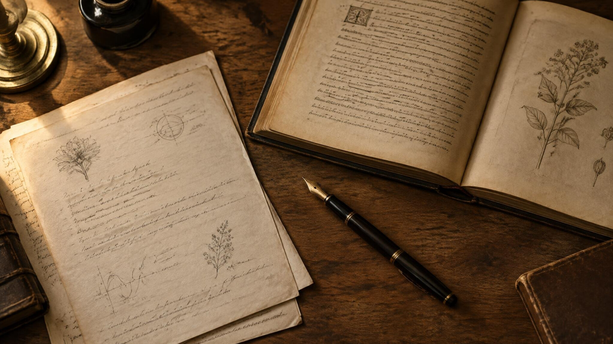 Handwritten research notes and an open manuscript on a wooden desk