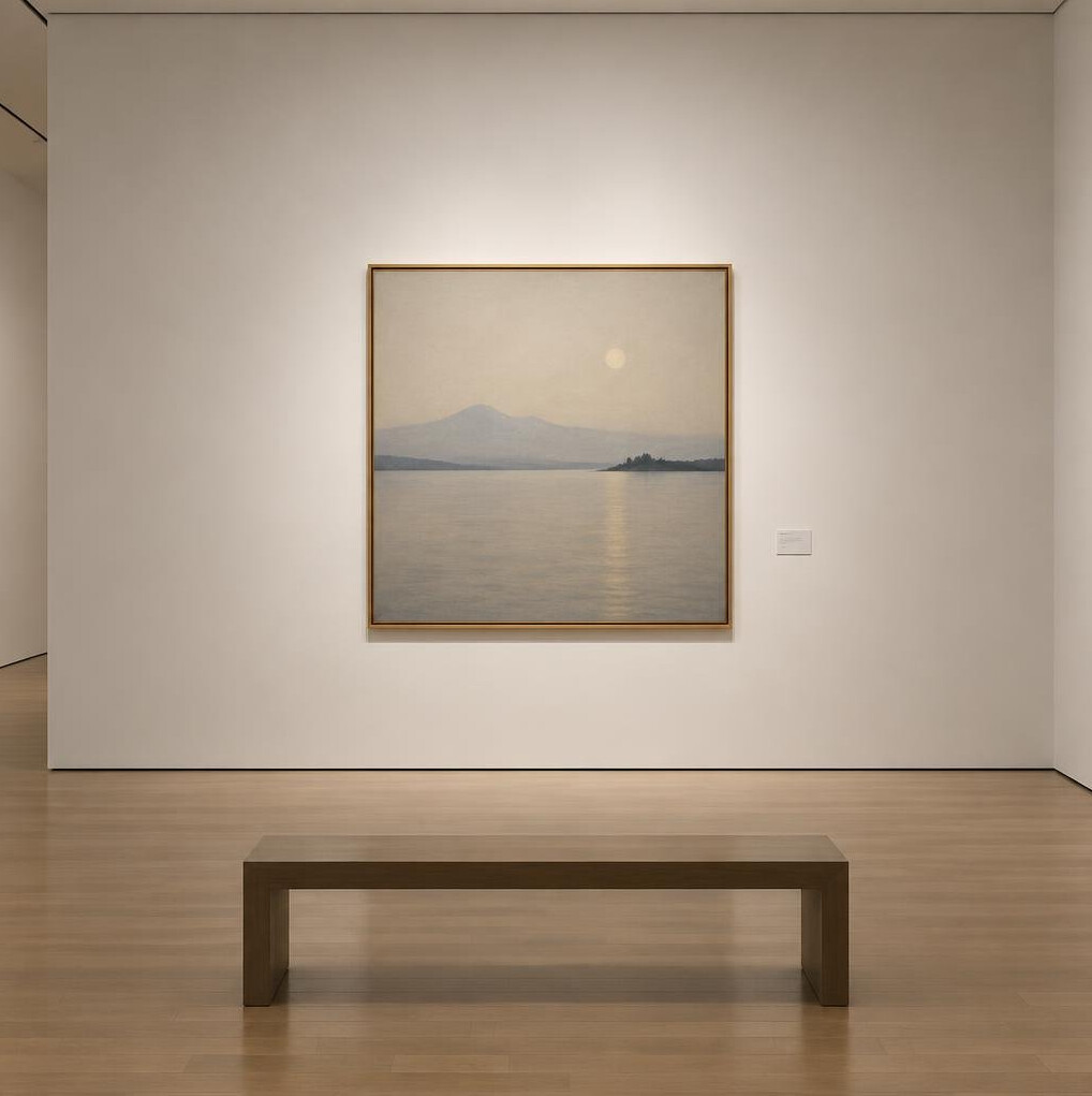 Museum interior with a single framed artwork on a plain wall